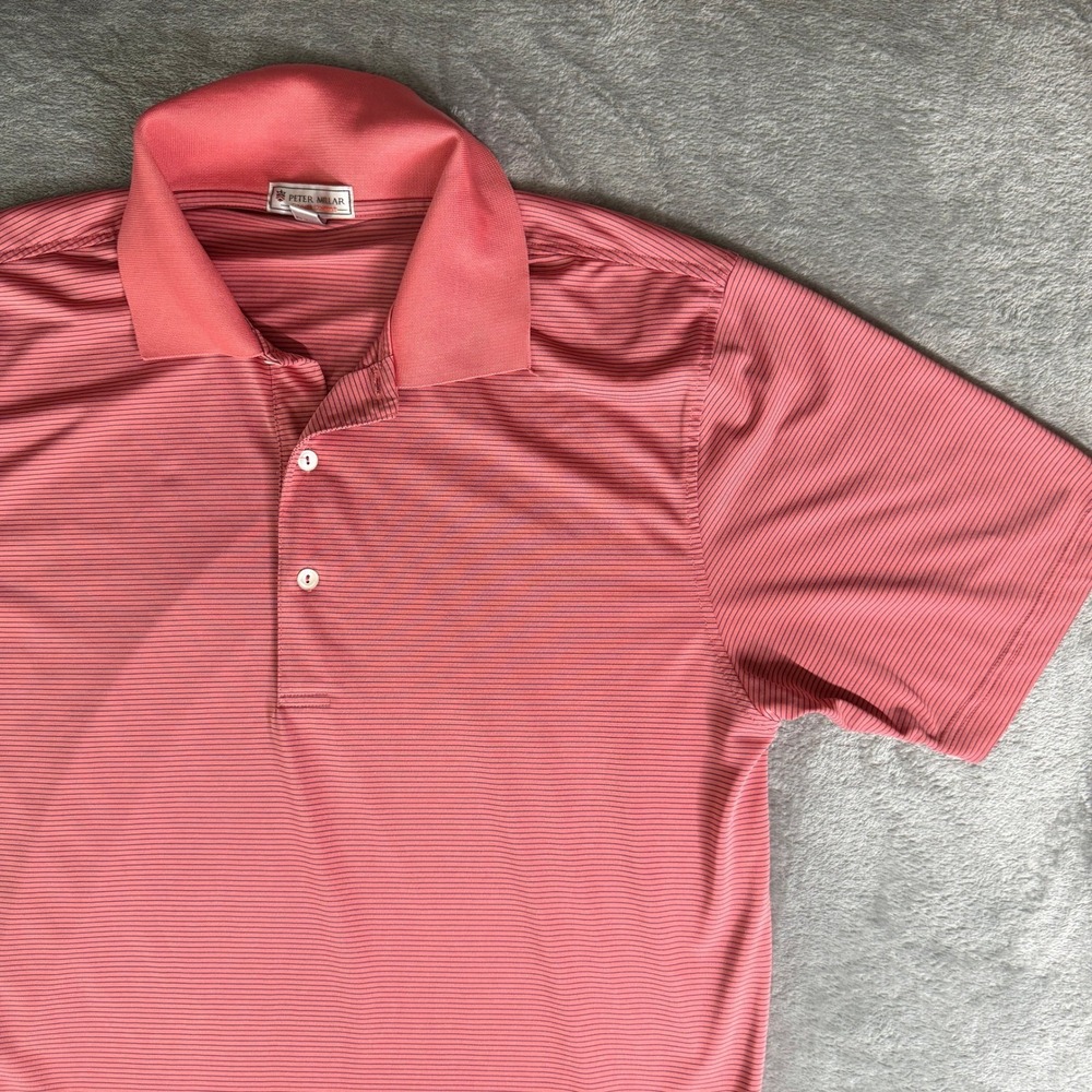 Peter Millar Summer Comfort Mens Large Salmon Pink Micro Stripe Golf Polo Shirt